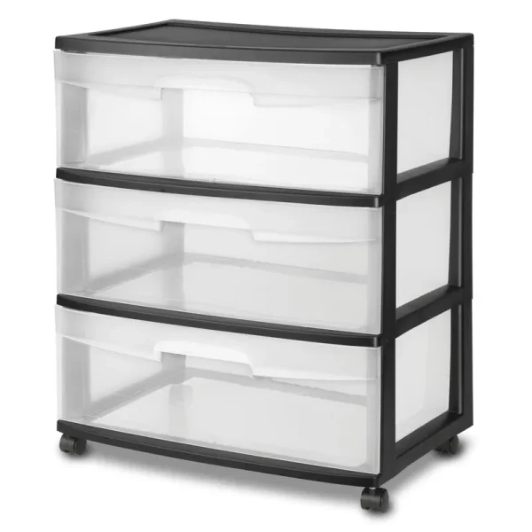 Sterilite 3 Drawer Wide Cart Black