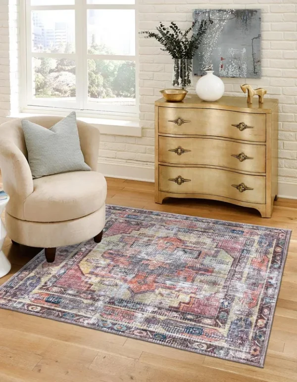Rugs.com Maahru Collection Washable Rug 3 ft Square Pink Low-Pile Rug Perfect