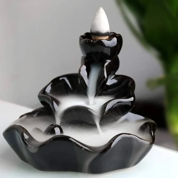 HYPOSFEE Waterfall Incense Burner Lotus Backflow Incense Holder Ceramic Censer Cones Sticks Porcelain Holder with 10 Free Mixed Aromatherapy Cones, Bl