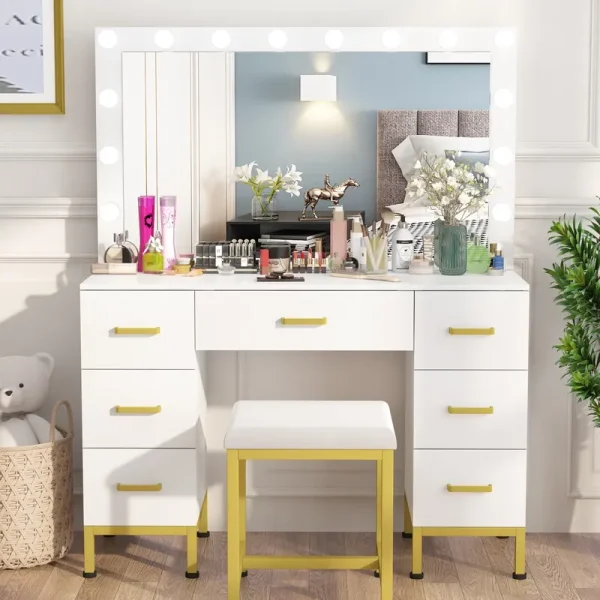 PAKASEPT Vanity Set with Lighted Mirror, Makeup Vanity Dressing Table with 14PCS LED Bulbs, Cushioned Stool & 7 Drawers, Large 44" White Vanity for Bedroom, Powder Room