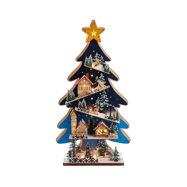 Kurt Adler 23.6" Battery-Operated Light Up Wooden Christmas Tree with Village Scene