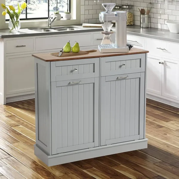 Kigoty Dual Kitchen Trash Cabinet, Double Tilt Out Trash Can Cabinet with Countertop and Drawer (Grey)