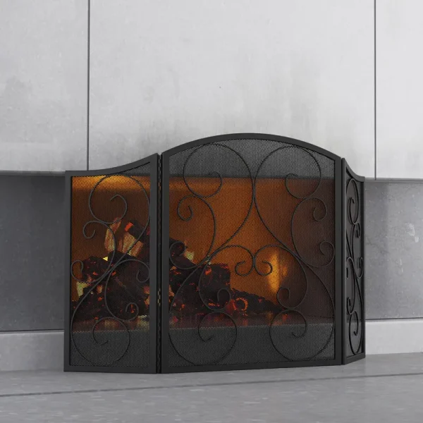 Fire Beauty Fireplace Screen 3 Panel Wrought Iron Black Metal 48 inch(l) x30(H) Spark Guard Cover(Black)