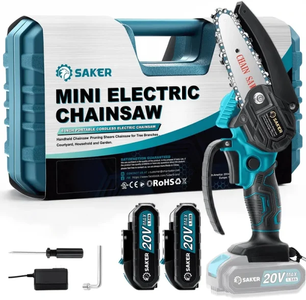 Saker 4 inch Mini Chainsaw, Portable Electric Chainsaw Cordless, Handheld Chain Saw Pruning Shears Chainsaw for Tree Branches , Courtyard, Household