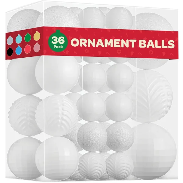 Christmas Ornaments Set of 36 - Beautiful [White] Christmas Tree Decorations Ornaments Set - 6 Style Christmas Ball Ornaments - Shatterproof