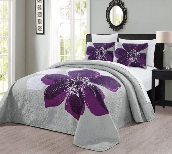 3-Piece Fine Printed Oversize (115" x 95") Quilt Set Reversible Bedspread Coverlet King Size Bed Cover (Dark Purple, Grey, White Hibiscus Floral)