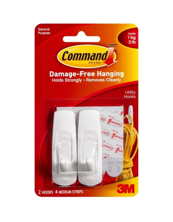 3M Command Adhesive Utility Hook, Medium, White - 2 pack