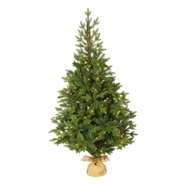 Nearly Natural 4ft. Fraser Fir Natural Look Artificial Christmas Tree with 100 Clear LED Lights, A Burlap Base and 403 Bendable Branches