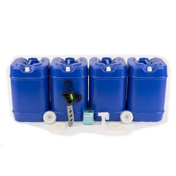 5 Gallon Stackable Blue Water Tank �� Set of 4 w/spigot and water treatment. Legacy Premium Food Storage