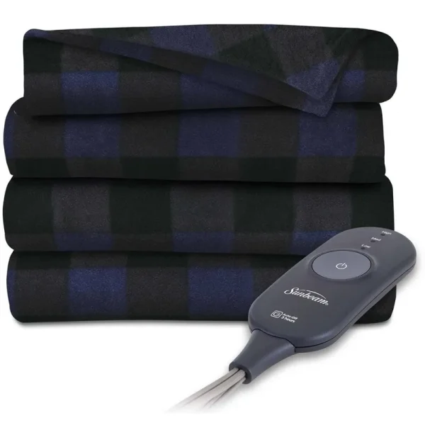 Sunbeam Heated Throw Blanket | Fleece, 3 Heat Settings (Blue Plaid)