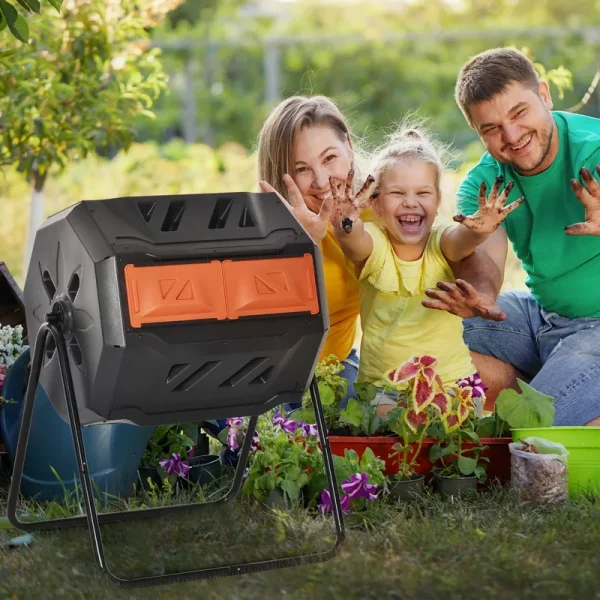 Outsunny Tumbling Compost Bin Outdoor 360 Degree Dual Chamber Rotating Composter 43 Gallon Orange