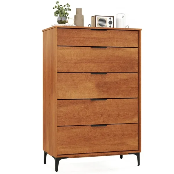 Mid Century Modern 5-Drawer Dresser, Wooden Chest of Drawers with Interlock System, Anti-Tip Kit & Metal Legs for Bedroom, Living Room, Hallway