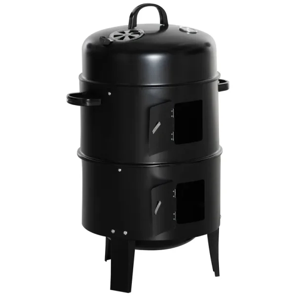 Outsunny Vertical Charcoal BBQ Smoker, 3-in-1 16" Round Charcoal Barbecue Grill with 2 Cooking Area Thermometer - Black