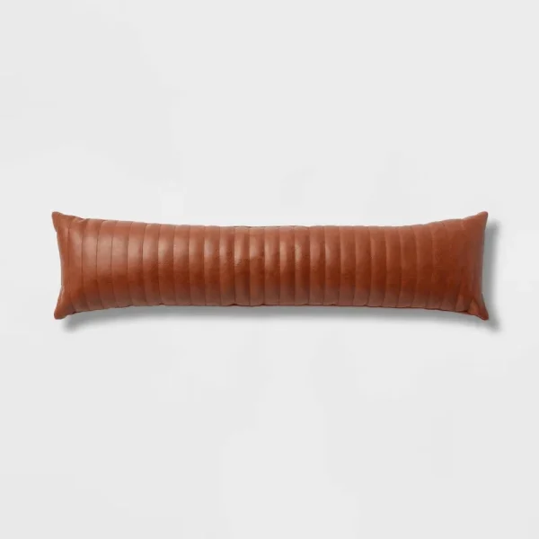 Lumbar Faux Leather Channel Stitch Decorative Throw Pillow Cognac - Threshold