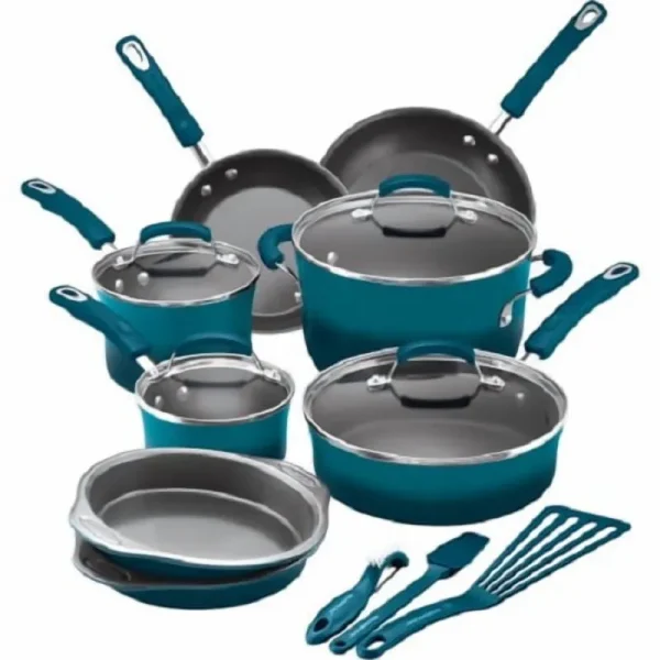 Rachael Ray 15 - Piece Nonstick Pots and Pans Set/Cookware Set, Marine Blue