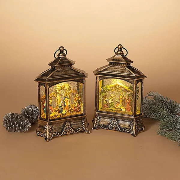 Nativity Scene Antique Bronze Lighted Water Lantern with Swirling Glitter - Plays Silent Night - Gerson