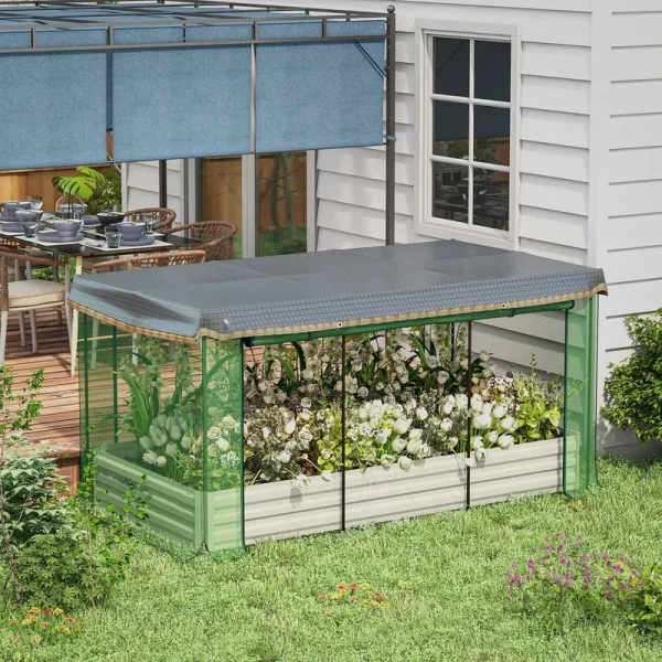 Outsunny Galvanized Raised Garden Bed, Planter Box with Crop Cage and Shade Cloth, Beige