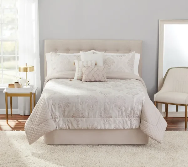 Mainstays 7-Piece Ivory Quilted Jacquard Comforter Set, Full/Queen, Adult
