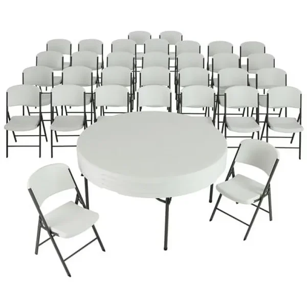 Lifetime 4 60 in Round Folding Tables with 32 Folding Chairs - Almond
