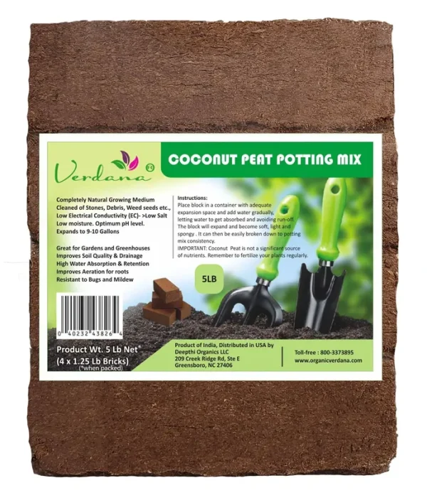 Verdana Coconut Fiber Potting Mix ÿ 5 lb Pack - 4X 1.25 lb Compressed Bricks - Coco Peat, Coir Pith - Alternative to Peat Moss ÿ Soilless Growing