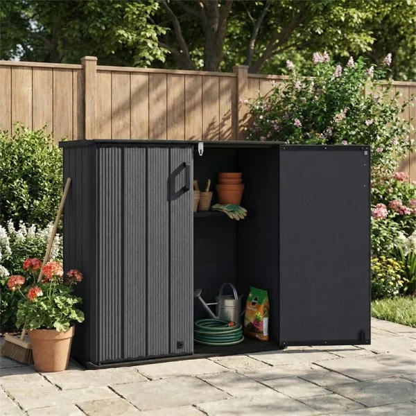 175 Gallon Outdoor Storage Shed, All-Weather Resin Patio Storage Box with Floor, Lockable Door & Removable Shelf, Waterproof Garden Tool Shed