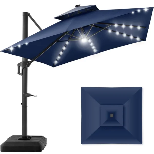Best Choice Products 10x10ft 2-Tier Square Outdoor Solar LED Cantilever Patio Umbrella w/ Base Included - Navy Blue