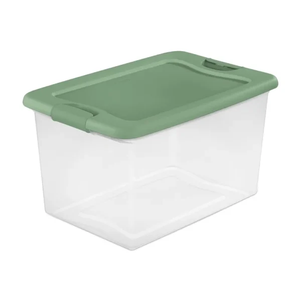 Sterilite Storage Box, Latching Lid, Clear/Green, 64 qts.