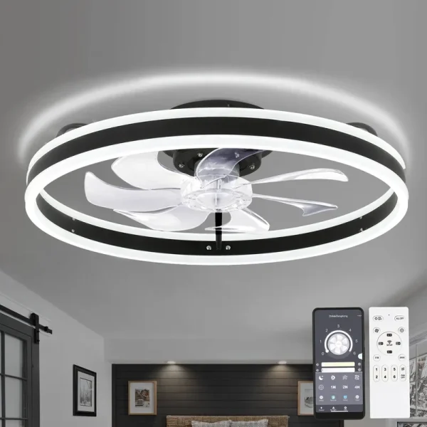 Oaks Aura DC2002 20in. LED Indoor Black Bladeless Low Profile Ceiling Fan Flush Mount Smart App Remote Control Dimmable Lighting