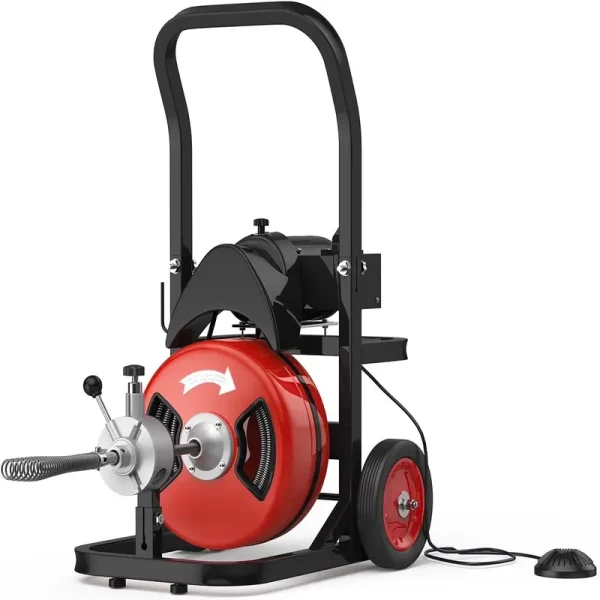 Kselythan 75 Ftx1/2 in Drain Cleaning Machine, Auto Feed Sewer Snake Drill with Wheels, Pipe Spiral Cleaner with 4 Cutters and Pneumatic Foot Switch, for 2" to 4" Pipes