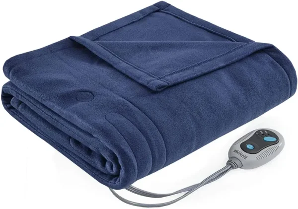 Beautyrest Fleece Electric Blanket Heated Throw Wrap Super Soft Hypoallergenic with Auto Shutoff-3-Setting Controller, 50 x 60 in, Navy