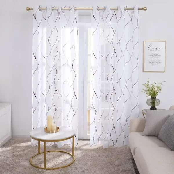 Deconovo Grommet Top, Bronze Foil Printed, Wave Pattern, Semi Sheer Curtains - Linen Look, Voile Drapes for Bedroom, 52x54 in, White, Set of 2