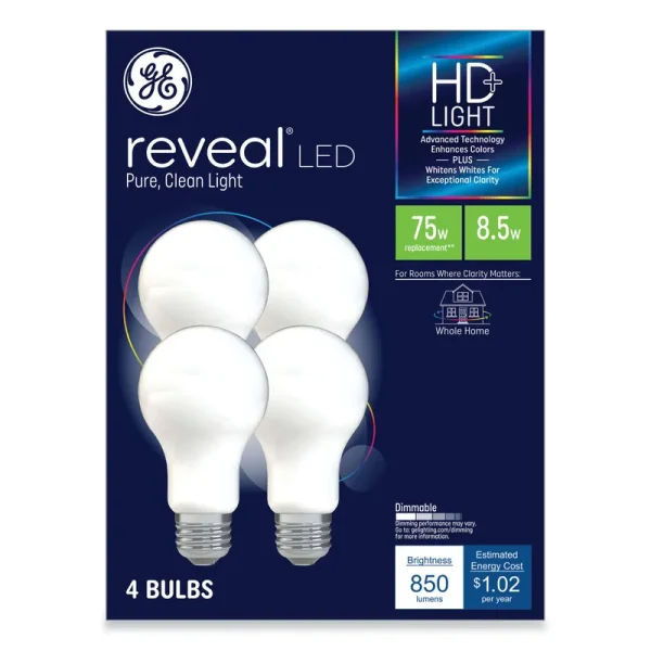 GE Reveal HD+ LED A19 Light Bulb, 8.5 W, 4/Pack