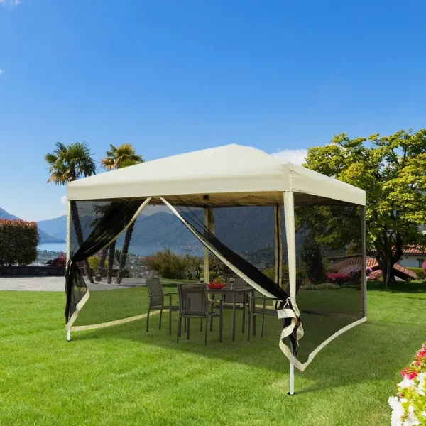 Outsunny 10-Foot Easy Pop-Up Canopy Tent with Mesh Side Walls - Beige
