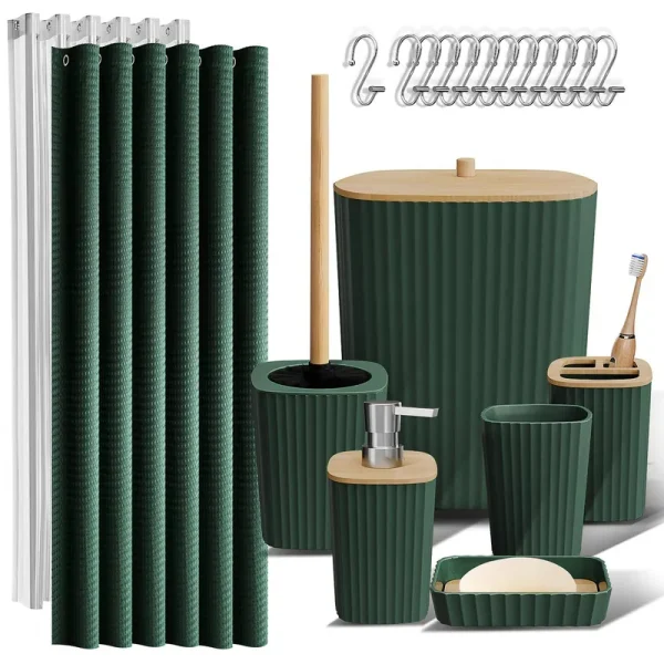 Clara Clark Bathroom Accessories Set - Green Bathroom Set, 20pc Bathroom Accessory Set, Shower Curtain Set, Toilet Brush, Trash Can & Soap Dispenser