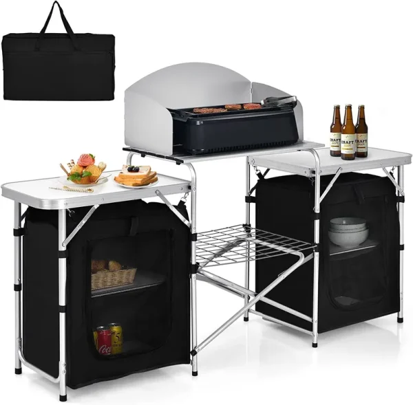 Camping Kitchen Table with Storage. Aluminum Portable Outdoor Cooking Table with Windscreen. Foldable Camp Table Cook Station for BBQ. Grill. Party. Picnics