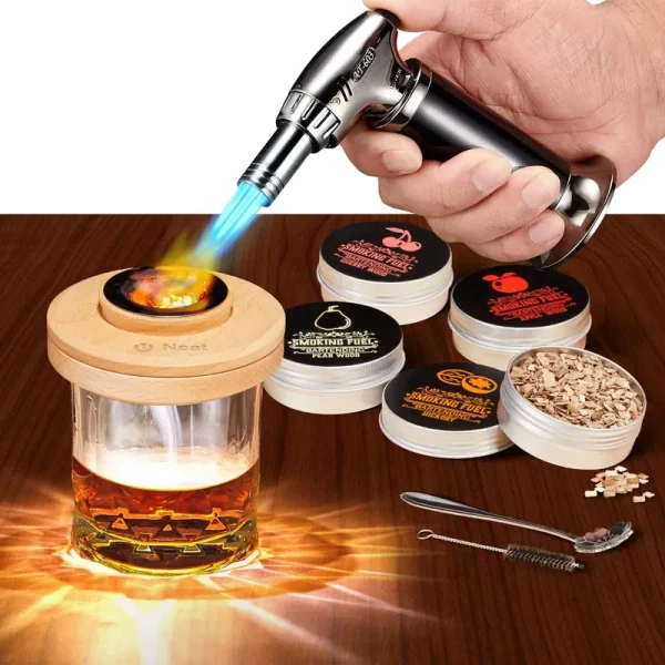 2023 New Cocktail Smoker Kit with Torch with 4 Wood Chips Flavors, Old Fashioned Drink Smoker with Light Up LED Coaster, Infuse Cocktails, Wine,