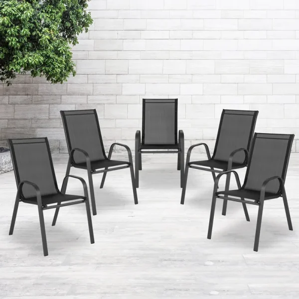 Bizchair 5 Pack Black Outdoor Stack Chair with Flex Comfort Material and Metal Frame