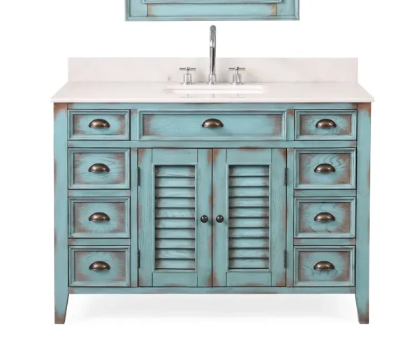 Benton Collection 46" Distressed Blue Farmhouse Bathroom Vanity with White Marble Top