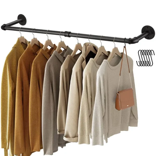 Greenstell Industrial Pipe Clothes Rack, Heavy Duty Detachable Wall Mounted Black Iron Garment Bar, One Size