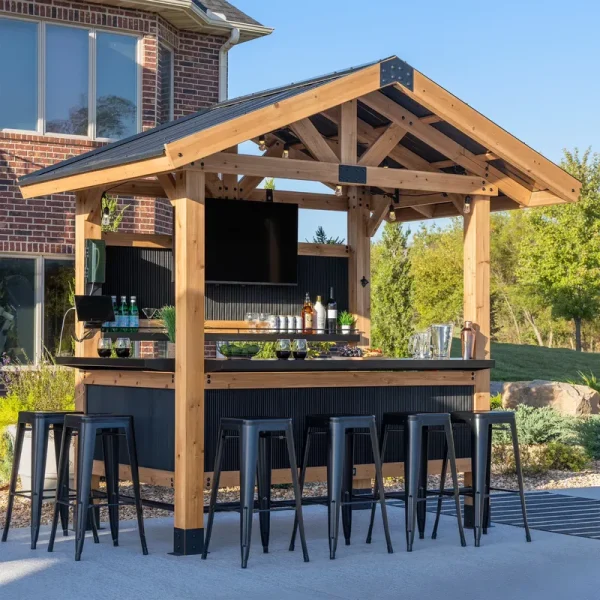 Backyard Discovery Palisade 9'X6' Cedar Wood Outdoor Bar, Galvanized Steel Roof, Bar Tops