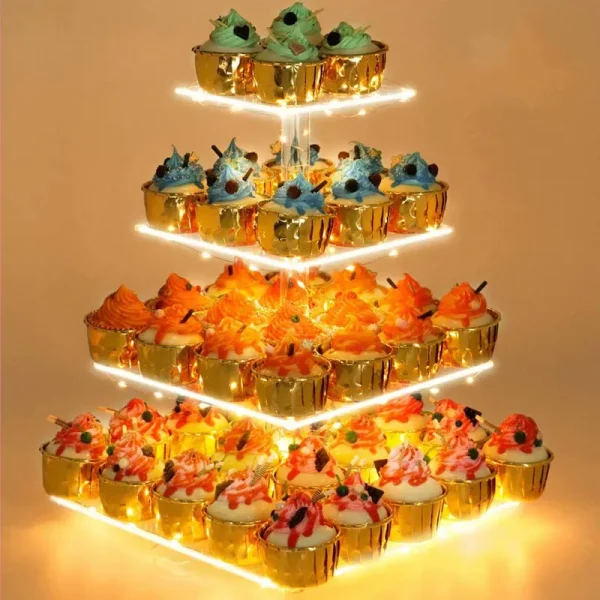 YestBuy 4 Tier Cupcake Stand Acrylic Cupcake Tower Display with LED Light Premium Cupcake Holder Dessert Tree Tower for Birthday Cady Bar Party D��cor