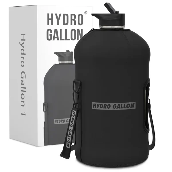 Hydro Gallon - 1 Gallon Water Bottle with Storage Sleeve and Straw Lid, Handle, Motivational Time Marker No Words, Pocket, Shoulder Strap Leakproof