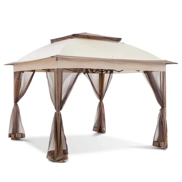 11 ft. x 11 ft. Beige Steel Pop-Up Gazebo with Mosquito Netting