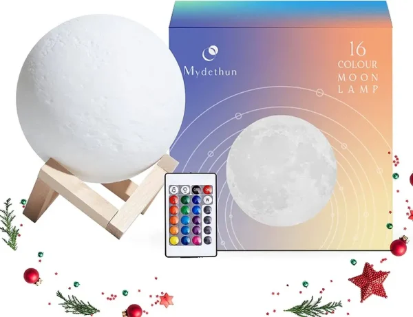 Mydethun 16 Colors LED 3D Moon Lamp with Wooden Stand, 7.1 Inches - Remote Control, USB Charging, LED Night Light Lamp for Kids, Girls, Bedroom, Home