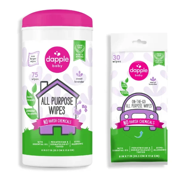 Dapple All Purpose Wipes Baby, Hint of Lavender, 75 Count Canister + 30 Count Pouch - Plant Based & Hypoallergenic Cleaning Wipes