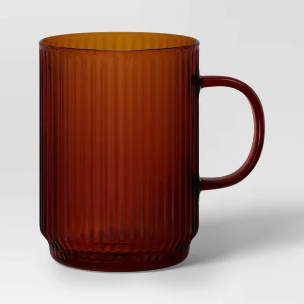 18.5oz Glass Ribbed Mug Brown - Threshold