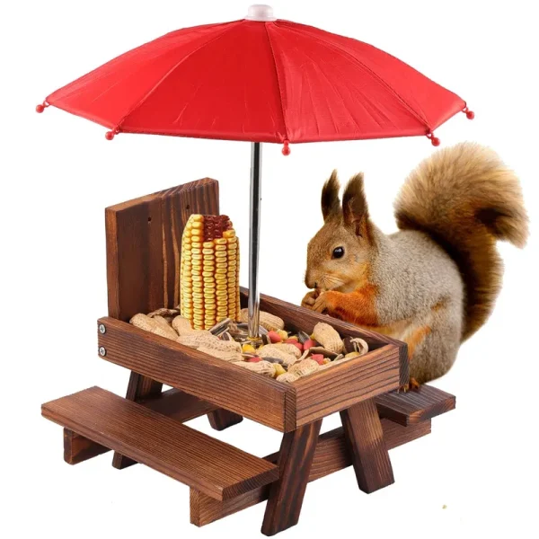 SKWIRRLE Squirrel Feeder Picnic Table with Umbrella, Wooden Squirrel Feeders for Outside with Corn COBs, Cute Chipmunk Feeder with Solid Structure for