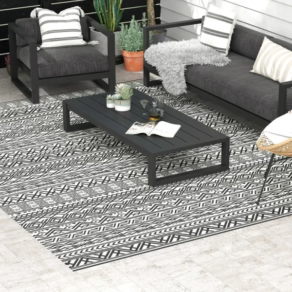 Outsunny Outdoor Rug & Bag, 9' x 12' Plastic Rug, Gray Cream Boho