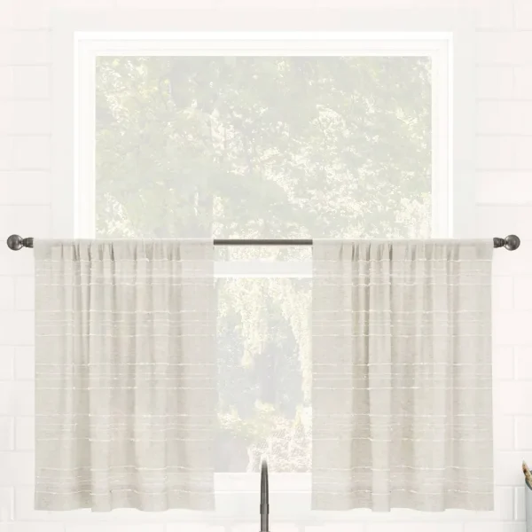 Clean Window Textured Slub Stripe Anti-Dust Linen Blend Sheer Cafe Curtain Pair - 52" x 24"