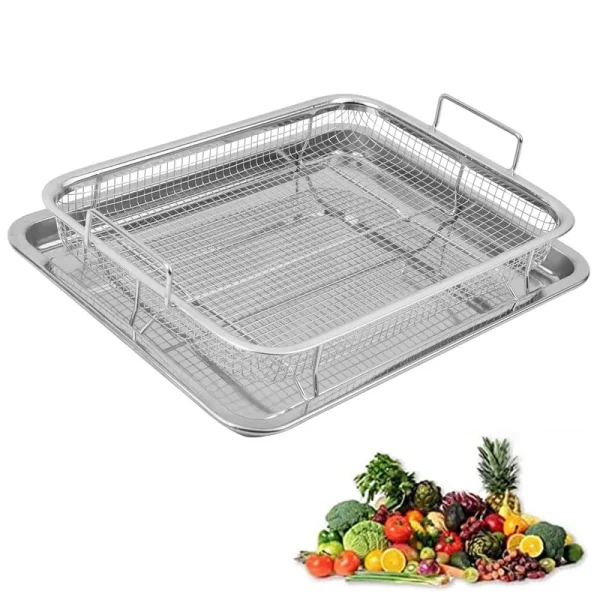AGSYFFD 2 Pieces Air Fryer Basket for Oven 12.8x9.6inch,tray and Grease Trap Set Bacon Rack for Oven Crisper for French fried/frozen Food (Silver)